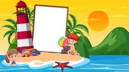 Obraz na płótnie Canvas Empty banner template with kids on vacation at the beach sunset scene