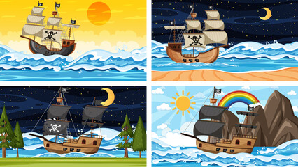 Naklejka premium Set of Ocean with Pirate ship at different times scenes in cartoon style