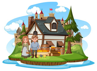 Obraz na płótnie Canvas Medieval house with villagers