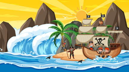 Beach at sunset time scene with pirate kids cartoon character on the ship © brgfx