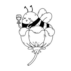 Honey bee in flower with wineglass of nectar. The striped insect resting during the break. Vector character isolated illustration on white background. Coloring page for children.