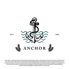 Classic Vintage Retro Country Emblem Anchor rope with wave for Sailor logo. Premium design vector
