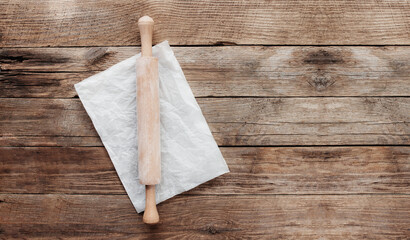 Baking concept flat lay. Ingredients, kitchen utensils, wooden background