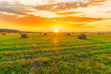 Scenic view at beautiful sunset in a green shiny field in village farm with hay stacks, cloudy sky, golden sun rays, anazing summer valley evening landscape