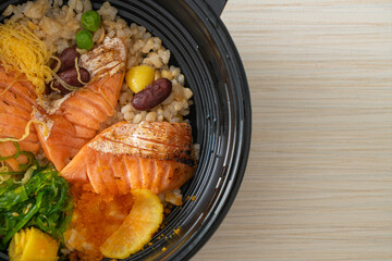 grilled salmon with brown rice donburi