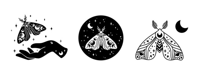 Mystical boho celestial butterfly or moth isolated cliparts bundle, mystical collection, witch hand, moon and stars magic line and silhouette esoteric objects - black and white vector illustration set - obrazy, fototapety, plakaty