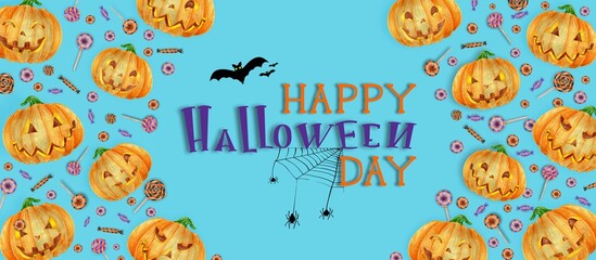 Halloween Poster with Halloween candy and Halloween pumpkin orange. Lettering Happy Halloween Day