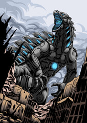 Illustration of a giant mechafix monster invading a city. Ethnic shirt design