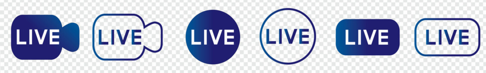 Live streaming icons set. Live video broadcasting symbols. Red online stream buttons. Elements for tv, shows, movies,news, and live performances. Vector illustration