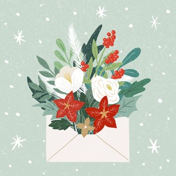 winter flower bouquet in envelop design illustration for Christmas card, greeting card.