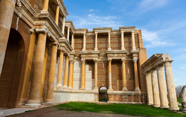 Fototapeta na wymiar Ruins of gymnasium at Sardis ancient city in sunny day, Manisa Province, Turkey