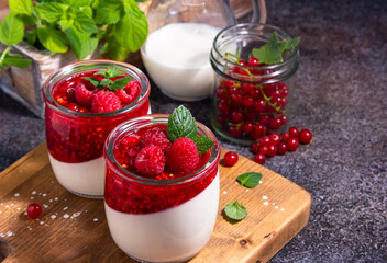 raspberry panna cotta with berries and mint, Italian dessert, home cooking. creamy dessert in a glass