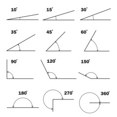 Set of different degrees angles. Geometric mathematical degree angle with arrow icon isolated. Educational school geometry learning materials - obrazy, fototapety, plakaty