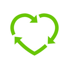 Green heart shape recycle icon, Recycling rotation arrow sign, Reusable ecological preservation, Eco friendly concept, Vector illustration