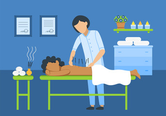 Acupuncture. A woman acupuncturist in the office conducts an acupuncture procedure to a patient. Alternative medicine. Flat vector illustration. - obrazy, fototapety, plakaty