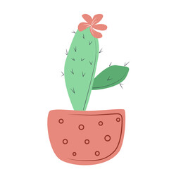 One green cactus with a pink flower in a pot with a pea pattern, isolated on a white background