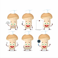Cartoon character of slice enokitake with various chef emoticons