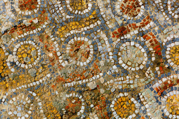 Antique mosaic on floor, destroyed buildings. Detail of geometric mosaic. Ephesus. Turkey