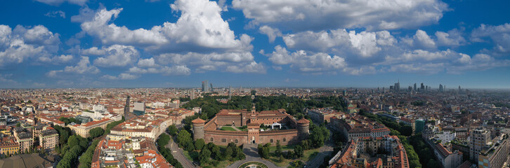 Panorama Castello Sforzesco aerial view. Top view of Sforzesco castle in Milan Italy. The main...