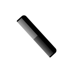 Silhouette of a black plastic comb with small and medium teeth on a white background.