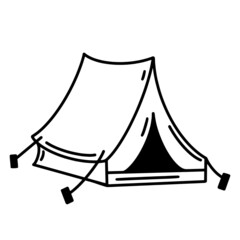 Camping tent vector icon. Assembled canvas tent on a white background. Hand-drawn doodle. Sketch of equipment for the hike. Tourist booth with stretched ropes and hammered in pegs.