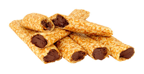 Group of chocolate filled rolled dessert crepes