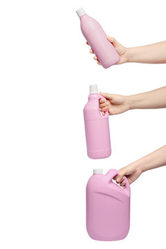 Hand hold laundry detergent bottle isolated on white background.