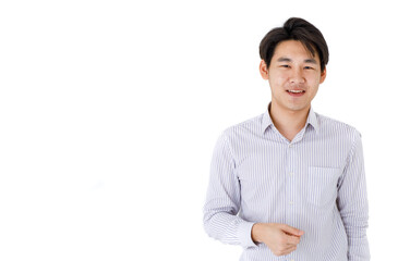 Portrait isolated Close up studio mug shot of young happy handsome Asian professional successful businessman wears stripe long sleeve shirt smiling in front of white background