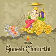 Ganesh Chaturthi greetings with Ganesh riding mouse chariot over clouds