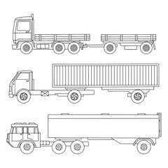 A set of linearly drawn heavy trucks. Gasoline tanker. Truck with trailer, Container. Vector illustration