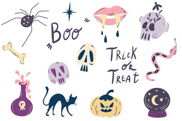 Naklejka premium Halloween elements. Big witch magic design elements collection. Cute hand drawn, doodle, sketch magician set. Skulls, snake, inscriptions, spider, potion, cat, pumpkin. Vector illustration