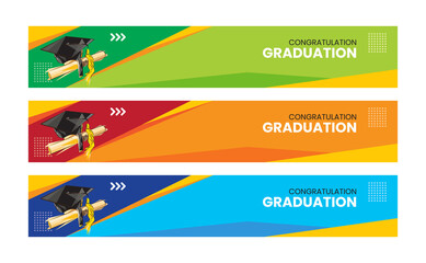 Happy graduation banner on harmonious colorful background. Abstract graduation toga hat. Vector Banner