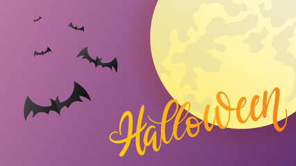 Big moon and bat in Halloween day ,for content online or banner for your website and template, Simple cartoon flat style ,  illustration Vector EPS 10