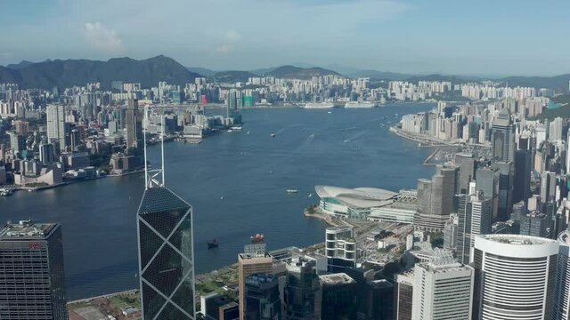 aerial footage of hong kong harbour with very clear skies