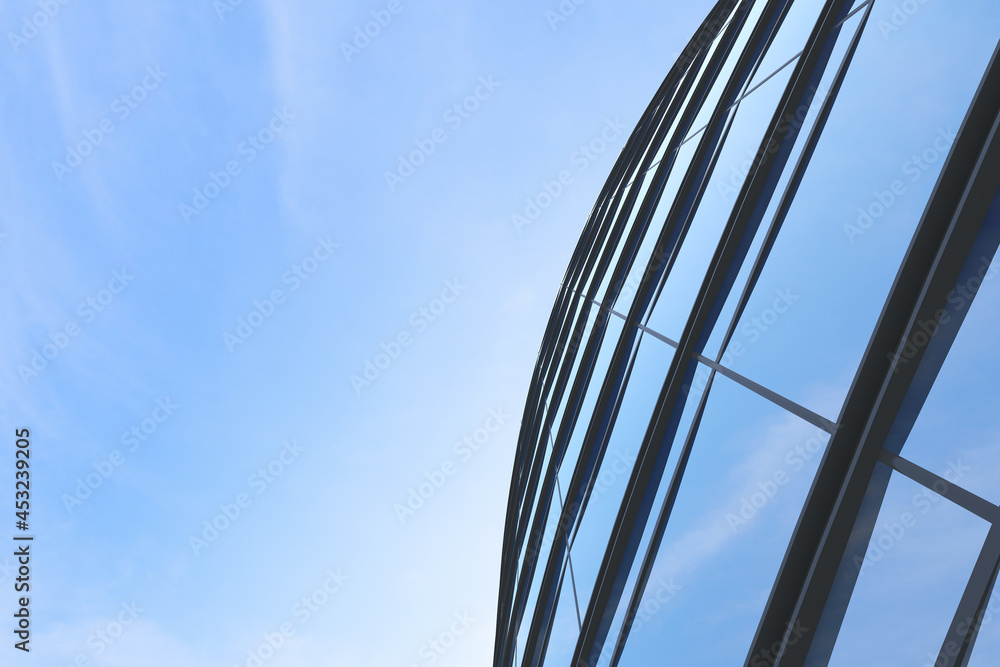 Poster Low angle view of futuristic architecture, Skyscraper of office building with curve glass window, 3D rendering.