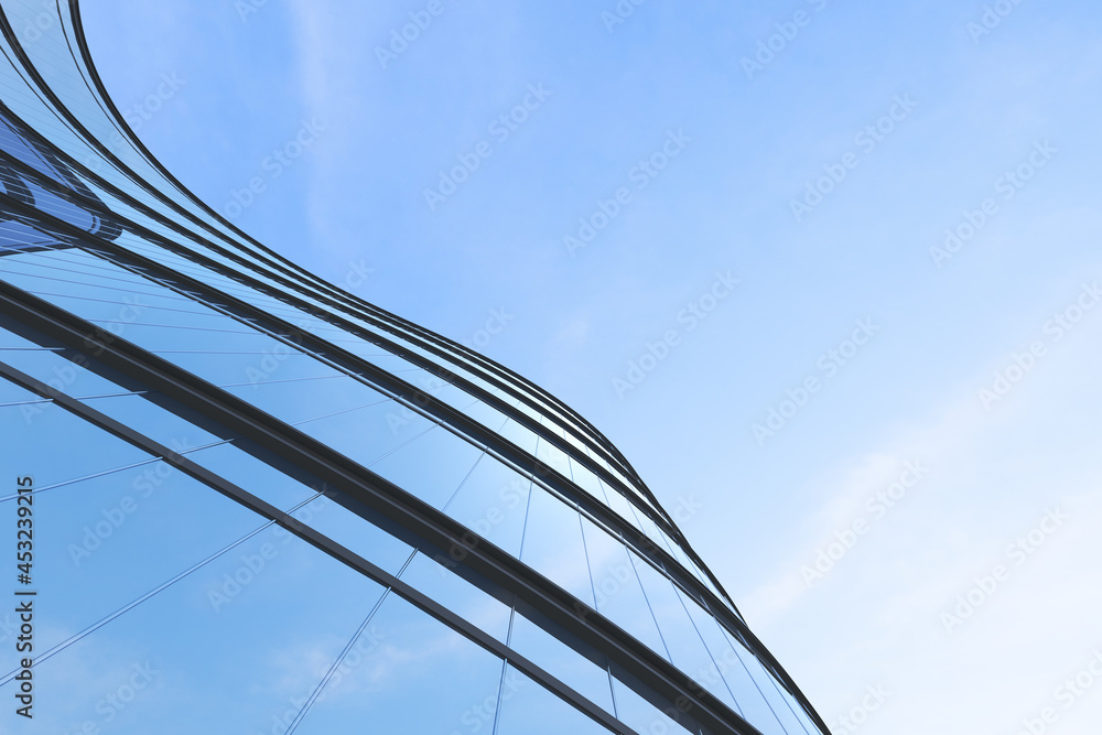 Poster Low angle view of futuristic architecture, Skyscraper of office building with curve glass window, 3D rendering.