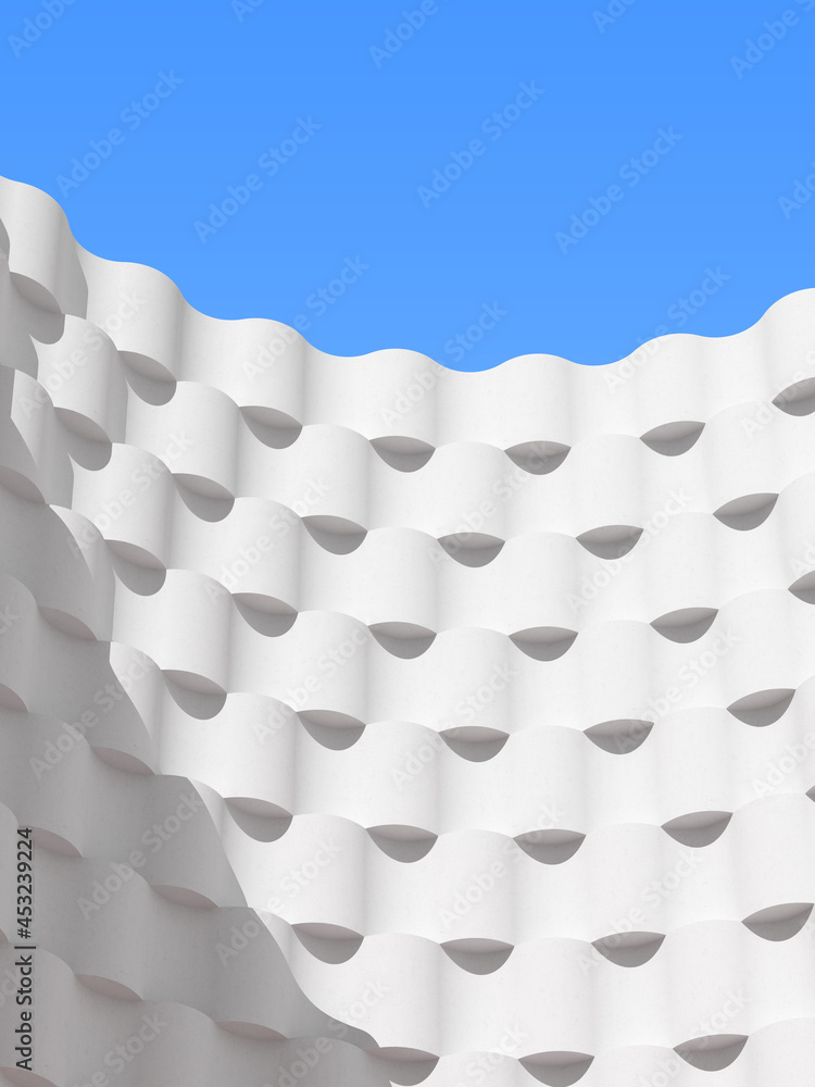 Poster abstract white geometric architecture, wave pattern, modern building facade design on blue sky backg