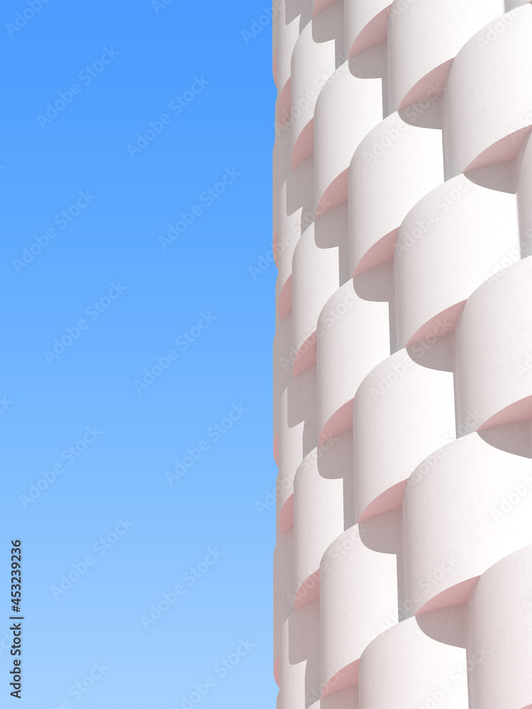 Poster abstract white geometric architecture, wave pattern, modern building facade design on blue sky backg