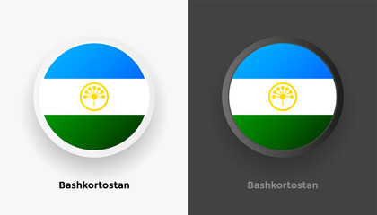 Set of two Bashkortostan flag buttons in black and white background. Abstract shiny metallic rounded buttons with national country flag