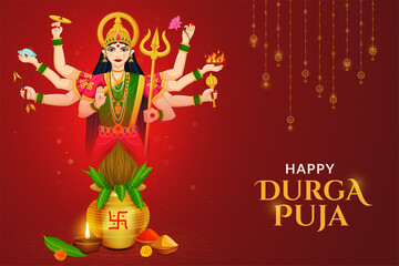 Navratri Kalash with Goddess Durga Maa Shubh Navratri festival Happy Dussehra and Durga Puja