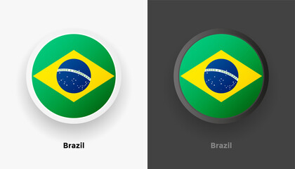 Set of two Brazil flag buttons in black and white background. Abstract shiny metallic rounded buttons with national country flag