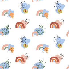 Boho art aesthetic seamless pattern with autumn arrangements of forest branches and twigs with berries. Repeatable background with rainbow and abstract shapes and line. Flat style vector illustration.