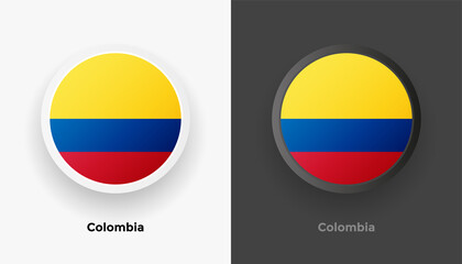 Set of two Colombia flag buttons in black and white background. Abstract shiny metallic rounded buttons with national country flag