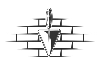 Brick wall and trowel in vintage style isolated on white background. Vector illustration