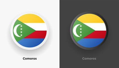 Set of two Comoros flag buttons in black and white background. Abstract shiny metallic rounded buttons with national country flag