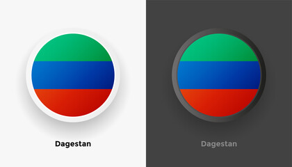 Set of two Dagestan flag buttons in black and white background. Abstract shiny metallic rounded buttons with national country flag