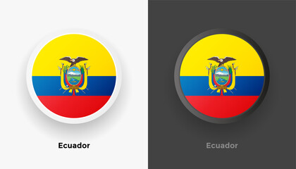 Set of two Ecuador flag buttons in black and white background. Abstract shiny metallic rounded buttons with national country flag