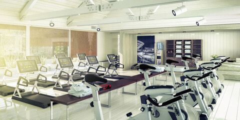 Treadmills & Bikes Inside a Gym - panoramic 3d Visualization