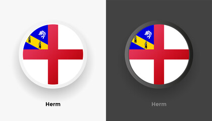 Obraz premium Set of two Herm flag buttons in black and white background. Abstract shiny metallic rounded buttons with national country flag