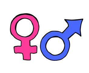 Hand drawn gender symbols. Sketch of male and female symbols in doodle style. Transgender symbol. Gender icon. Black isolated on white background. Can be used for card, poster, banner, advertising